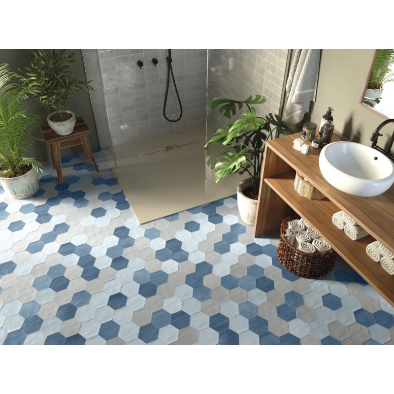 Carrelage hexagonal, petite tomette bleu nuancé mat apegswitch bleu imitation fait main , 11x10cm Carrelage hexagonal, petite tomette bleu nuancé mat apegswitch bleu imitation fait main , 11x10cm