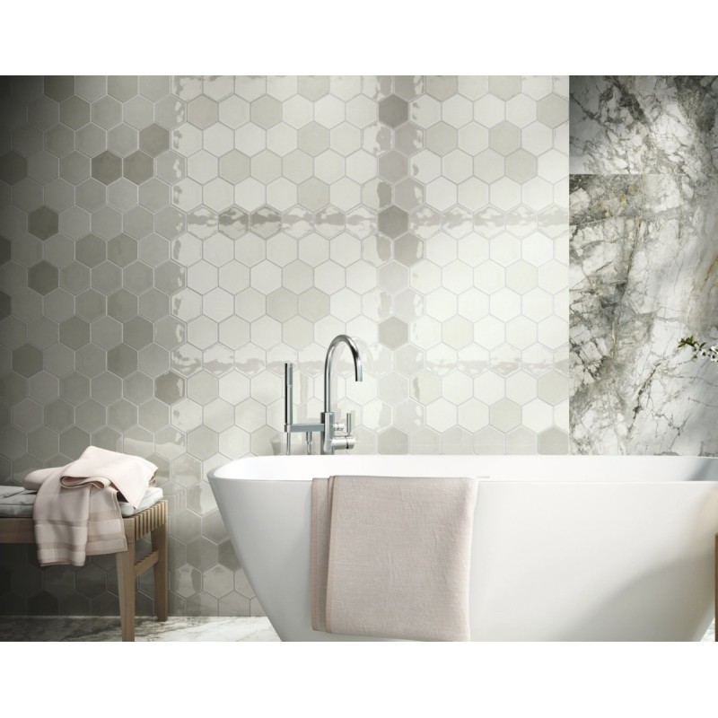 Carrelage écaille 12x12.5cm, losange 9.8x16.8cm, hexagone 12x13.8cm, brique 6.5x13cm gris clair brillant, apememory mist