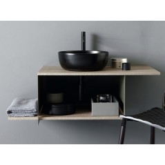 Meuble console de salle de bain métal noir NROP et bois 88 90x50cm avec une vasque scarglam noir 35 D:39cm scarslide