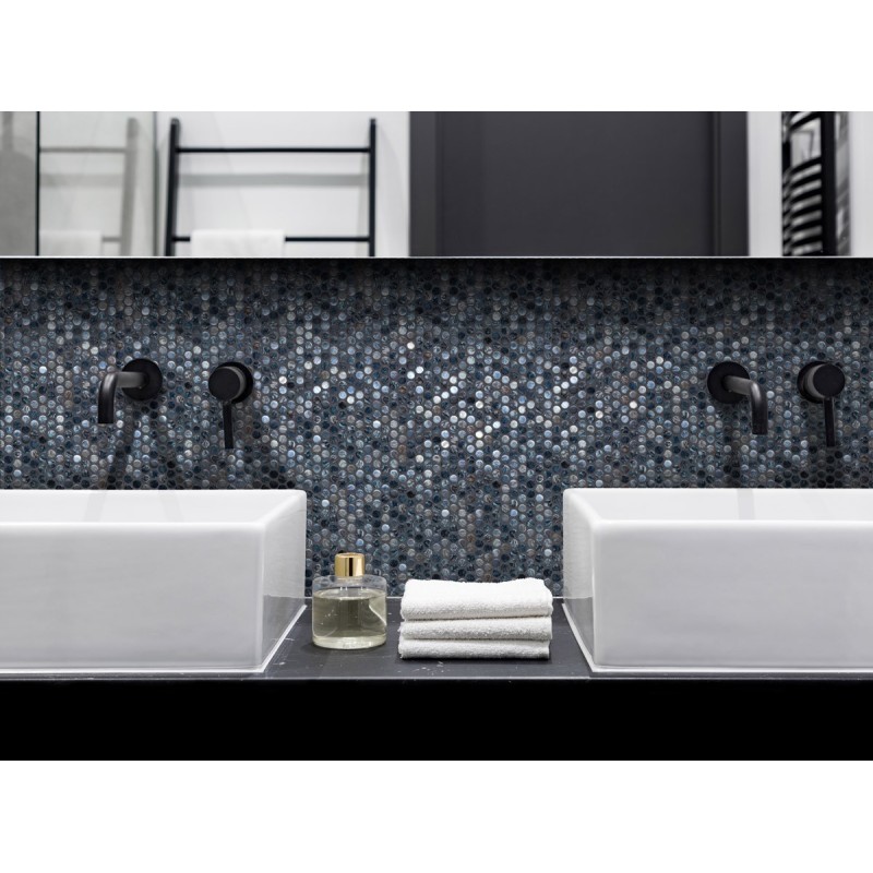 Emaux de verre rond mélange de gris et bleu irridisé brillant d:19mm sur plaque de 28.5x28.5cm onxpenny arrecife iridis grey Emaux de verre rond mélange de gris et bleu irridisé brillant d:19mm sur plaque de 28.5x28.5cm onxpenny arrecife iridis grey