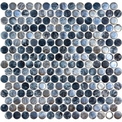 Emaux de verre rond mélange de gris et bleu irridisé brillant d:19mm sur plaque de 28.5x28.5cm onipenny arrecife iridis grey