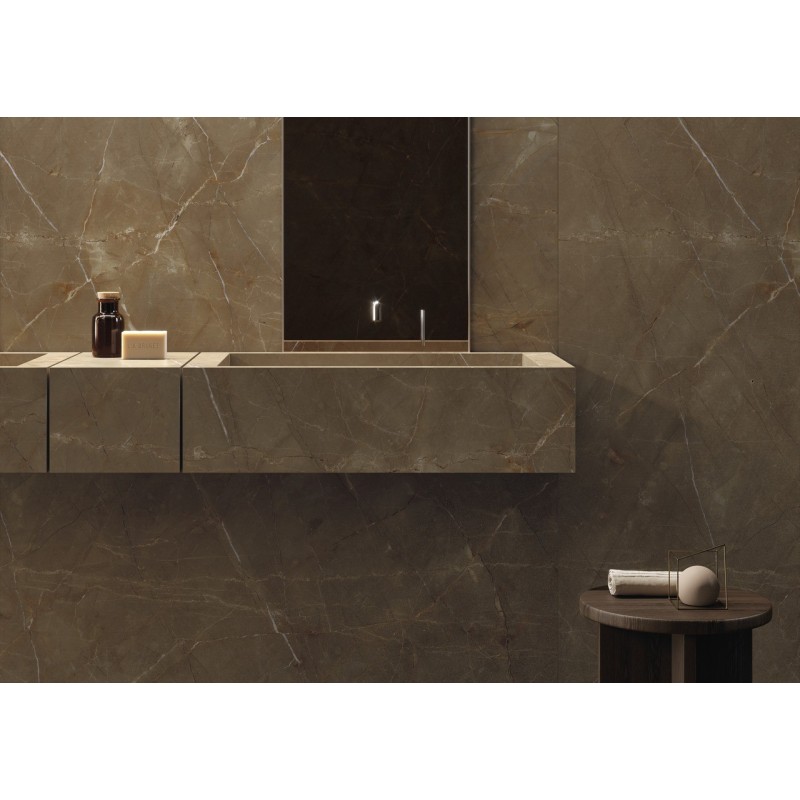 Carrelage imitation marbre marron poli brillant, faible épaisseur 6mm, 75x75cm et 75x150cm sol et mur ariospulpis bronze