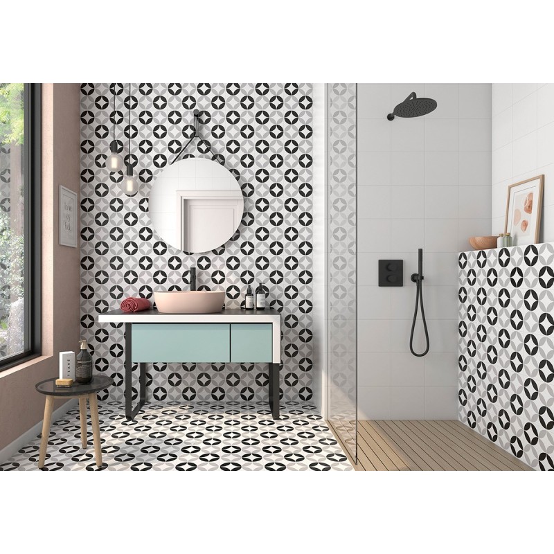 Carrelage imitation carreau ciment, noir et blanc, promotion, 22.3x22.3cm geoxbora black Carrelage imitation carreau ciment, noir et blanc, promotion, 22.3x22.3cm geoxbora black