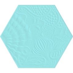 Carrelage décor hexagonal fond vert d'eau satiné décor brillant 25x22cm Dif gaudi aqua