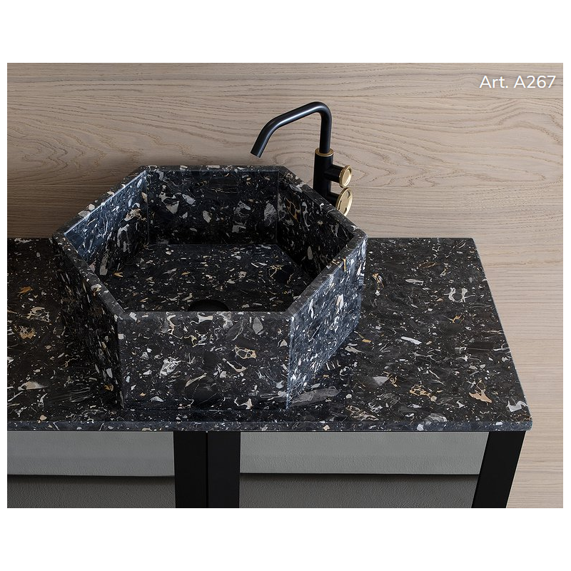 Vasque en marbre noir portoro hexagonale à poser sans trop-plein 51x44x18cm compx bee A267