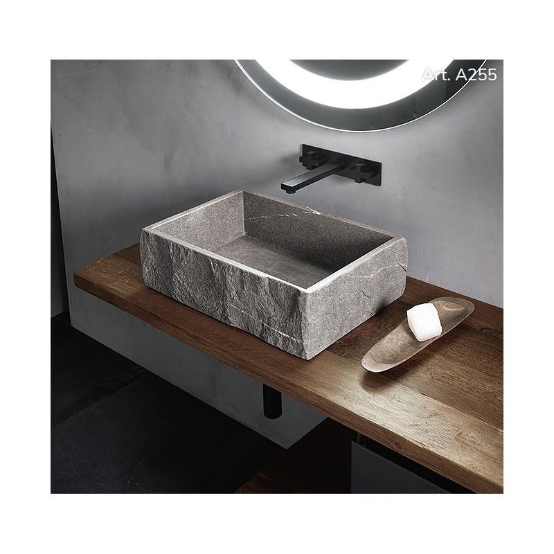 Vasque en pierre piasentina grise rectangulaire à poser sans trop-plein 65x36x15cm compx tina A255