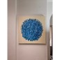 Peinture contemporaine, tableau moderne abstrait, acrylique sur toile 100x100cm, big bang bleu moyen sur fond ivoire