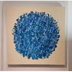Peinture contemporaine, tableau moderne abstrait, acrylique sur toile 100x100cm, big bang bleu moyen sur fond ivoire