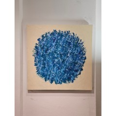 Peinture contemporaine, tableau moderne abstrait, acrylique sur toile 100x100cm, big bang bleu moyen sur fond ivoire