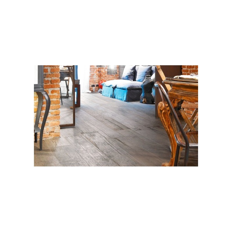 Carrelage effet vieux parquet bois interieur peint en gris, salle à manger, sol et mur, 15x120cm, rectifié, Santablend gris