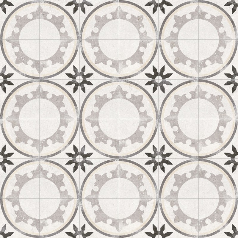Carrelage imitation carreau de ciment cercle blanc vieilli, gris et noir style ancien 20x20cm, V fiyi blanco Carrelage imitation carreau de ciment cercle blanc vieilli, gris et noir style ancien 20x20cm, V fiyi blanco