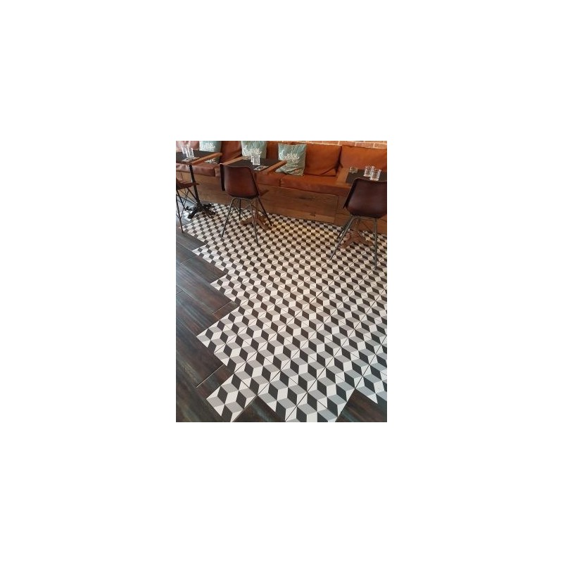 Carrelage ciment véritable décor trompe l'oeil noir et blanc 7290-3 20x20cm Carrelage ciment véritable décor trompe l'oeil noir et blanc 7290-3 20x20cm