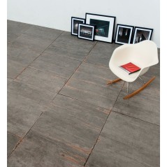 Carrelage effet parquet peint en gris usé, salle à manger, sol et mur, 15x120cm, rectifié, Santablend gris