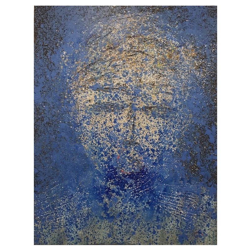 Tableau moderne, peinture contemporaine figurative, acrylique sur toile 116x89cm représentant une tête bleue