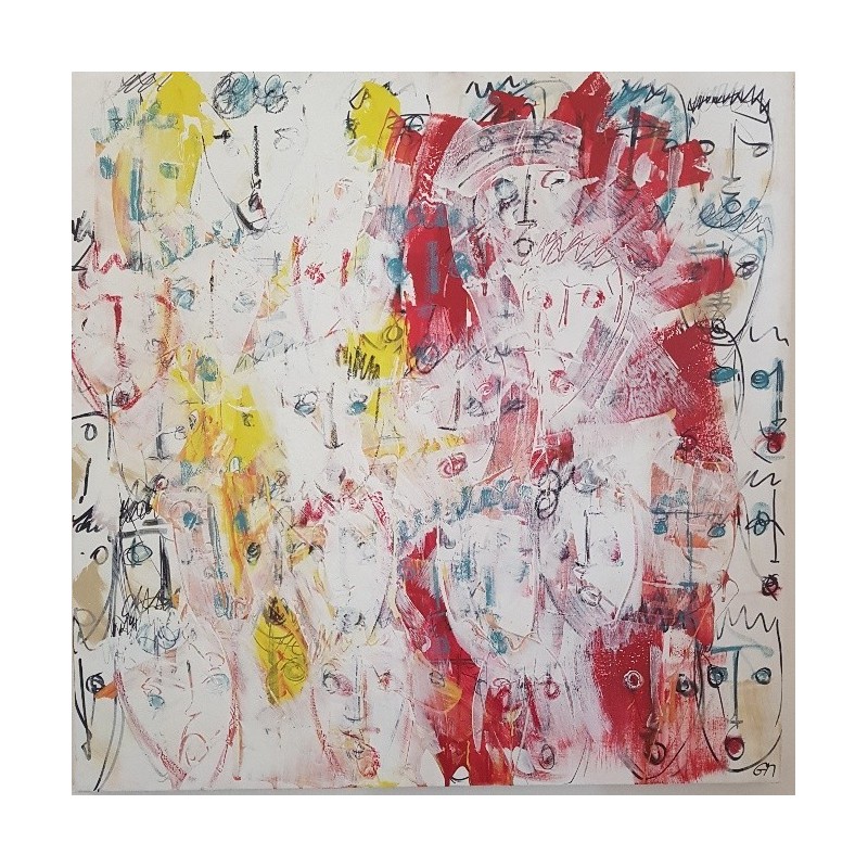 Tableau contemporain, peinture moderne figurative, acrylique sur toile 100x100cm intitulée: multitetes blanches.