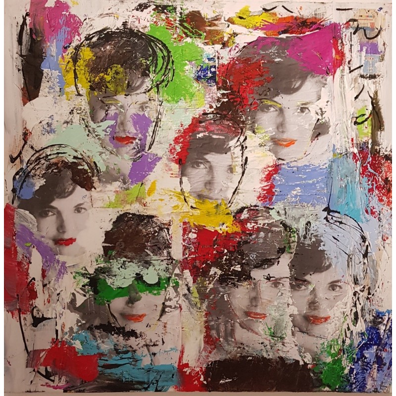 Peinture contemporaine, tableau moderne figuratif, pop art, acrylique et collage sur toile 100x100cm intitulée: Jackie Kennedy 2