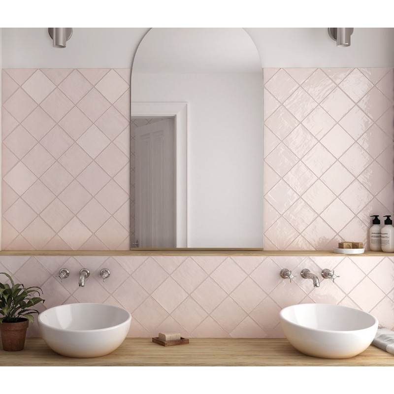 Carrelage imitation Zellige rose pastel nuancé brillant, eqxriviera rose 13.2x13.2cm et 6.5x20cm Carrelage imitation Zellige rose pastel nuancé brillant, eqxriviera rose 13.2x13.2cm et 6.5x20cm
